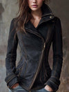 Vintage Washed Denim Moto Jacket Charcoal Edge Women’s Cropped Biker Jean Jacket Streetwear