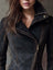Vintage Washed Denim Moto Jacket Charcoal Edge Women’s Cropped Biker Jean Jacket Streetwear