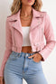 Pink Faux Leather Cropped Biker Jacket, Trendy Streetwear Coat
