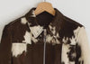 Cow Print Leather Jacket Women Cropped Brown Cowhide Coat Western Biker Jacket Y2K Streetwear Trendy Outerwear