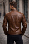 Men’s Brown Leather Biker Jacket | Vintage Café Racer Motorcycle Jacket | Slim Fit Genuine Leather Jacket for Men