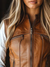 Women’s Retro Sheepskin Leather Zip Waistcoat Stand Collar Vest