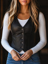 Women’s Tan Leather Vest – Slim Fit Button Front Biker Style Waistcoat for Women