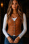 Women’s Tan Leather Vest – Slim Fit Button Front Biker Style Waistcoat for Women
