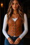 Women’s Tan Leather Vest – Slim Fit Button Front Biker Style Waistcoat for Women