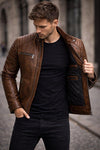 Men’s Brown Leather Biker Jacket | Vintage Café Racer Motorcycle Jacket | Slim Fit Genuine Leather Jacket for Men
