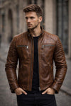 Men’s Brown Leather Biker Jacket | Vintage Café Racer Motorcycle Jacket | Slim Fit Genuine Leather Jacket for Men