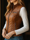 Women’s Retro Sheepskin Leather Zip Waistcoat Stand Collar Vest