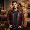 Men's Burgundy Distressed Leather Biker Jacket Vintage Retro Style Coat