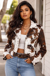 Women’s Cowhide Leather Jacket Western Cow Print Moto Jacket Brown White Biker Coat Cropped Ranch Style Jacket for Women