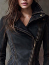 Vintage Washed Denim Moto Jacket Charcoal Edge Women’s Cropped Biker Jean Jacket Streetwear