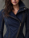 Vintage Washed Denim Moto Jacket  Edge Women’s Cropped Biker Jean Jacket Streetwear