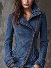 Vintage Washed Denim Moto Jacket  Edge Women’s Cropped Biker Jean Jacket Streetwear