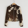 Cow Print Leather Jacket Women Cropped Brown Cowhide Coat Western Biker Jacket Y2K Streetwear Trendy Outerwear