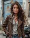 Women’s Brown Genuine Lambskin Leather Jacket Handmade Vintage Distressed Moto Biker Style with Zippers.