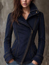 Vintage Washed Denim Moto Jacket  Edge Women’s Cropped Biker Jean Jacket Streetwear