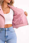 Pink Faux Leather Cropped Biker Jacket, Trendy Streetwear Coat
