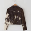 Cow Print Leather Jacket Women Cropped Brown Cowhide Coat Western Biker Jacket Y2K Streetwear Trendy Outerwear