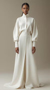 Elegant Beige Modest Maxi Dress for Women – High Neck Long Sleeve Minimalist Formal Gown
