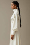 Elegant Beige Modest Maxi Dress for Women – High Neck Long Sleeve Minimalist Formal Gown