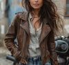Women’s Brown Genuine Lambskin Leather Jacket Handmade Vintage Distressed Moto Biker Style with Zippers.