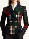 Women’s Plaid Patchwork Blazer Jacket  Luxury Tartan Double Breasted Coat  Vintage Inspired Office Blazer  Elegant Statement Jacket