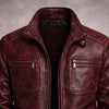 Men's Burgundy Distressed Leather Biker Jacket  Vintage Retro Style Coat