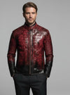 Men’s Luxury Genuine Leather Jacket Red & Black Crocodile Texture Biker Style.