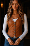 Women’s Tan Leather Vest – Slim Fit Button Front Biker Style Waistcoat for Women