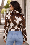 Women’s Cowhide Leather Jacket  Western Cow Print Moto Jacket  Brown White Biker Coat  Cropped Ranch Style Jacket for Women