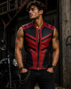 Men’s Red & Black Leather Biker Vest – Gothic Punk Motorcycle Sleeveless Jacket